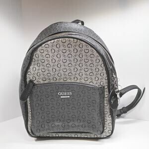 Guess All Over Gray Black Signature Two-Tone Color Logo Print Small Backpack